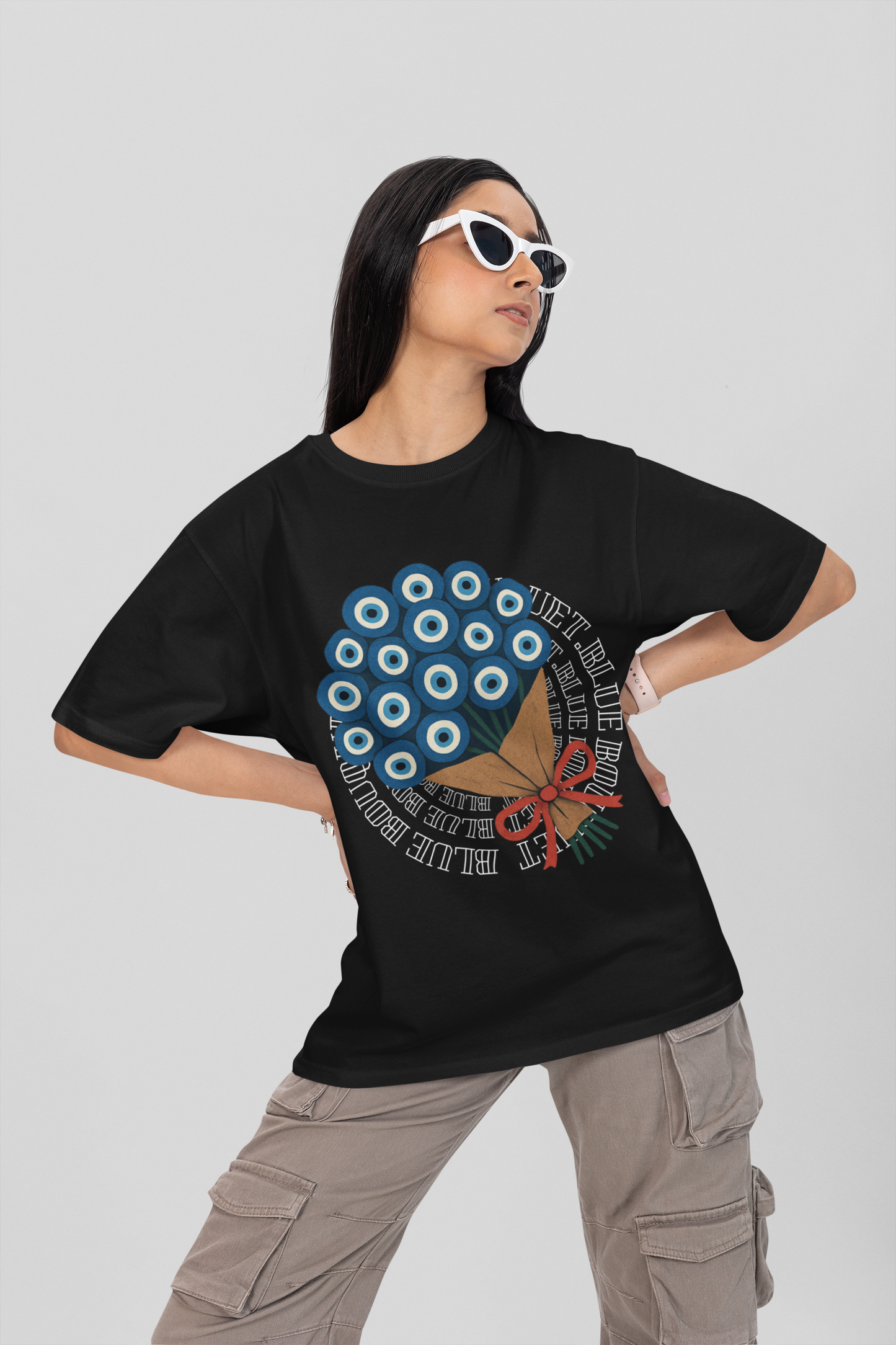 blue Bouquet – devil eye –  Round Neck Drop Shoulder Graphic Printed Oversized Cotton T-shirt