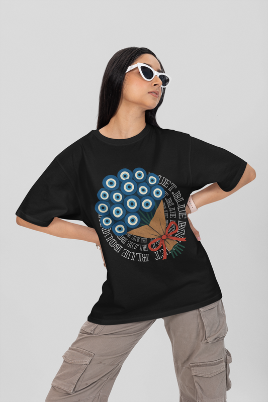 blue Bouquet – devil eye –  Round Neck Drop Shoulder Graphic Printed Oversized Cotton T-shirt
