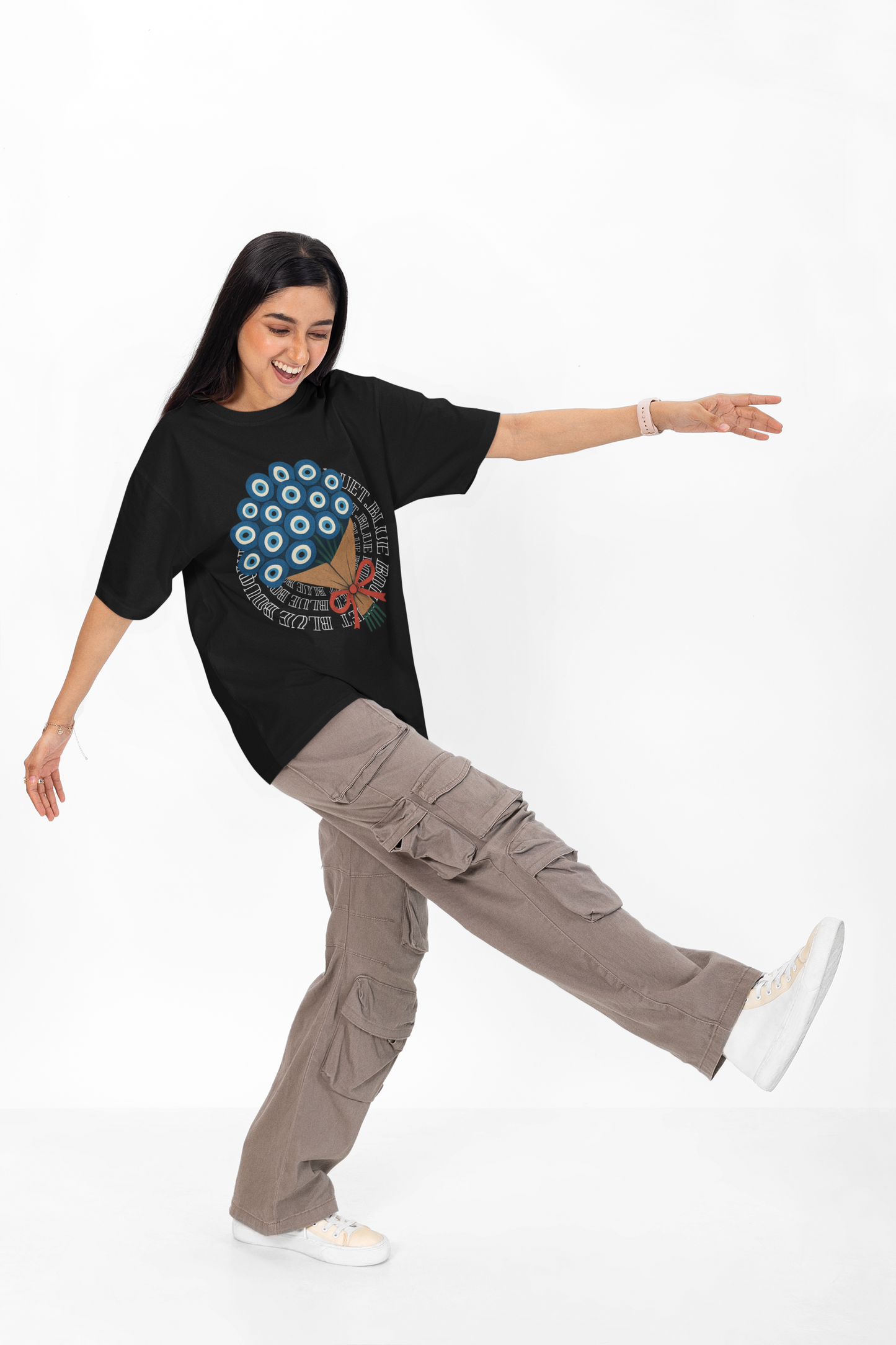 blue Bouquet – devil eye –  Round Neck Drop Shoulder Graphic Printed Oversized Cotton T-shirt