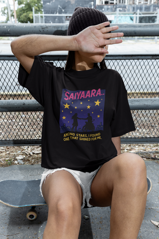 The  Saiyaara hindi Movie  Inspired  Round Neck Drop Shoulder Graphic Printed Oversized Cotton T-shirt