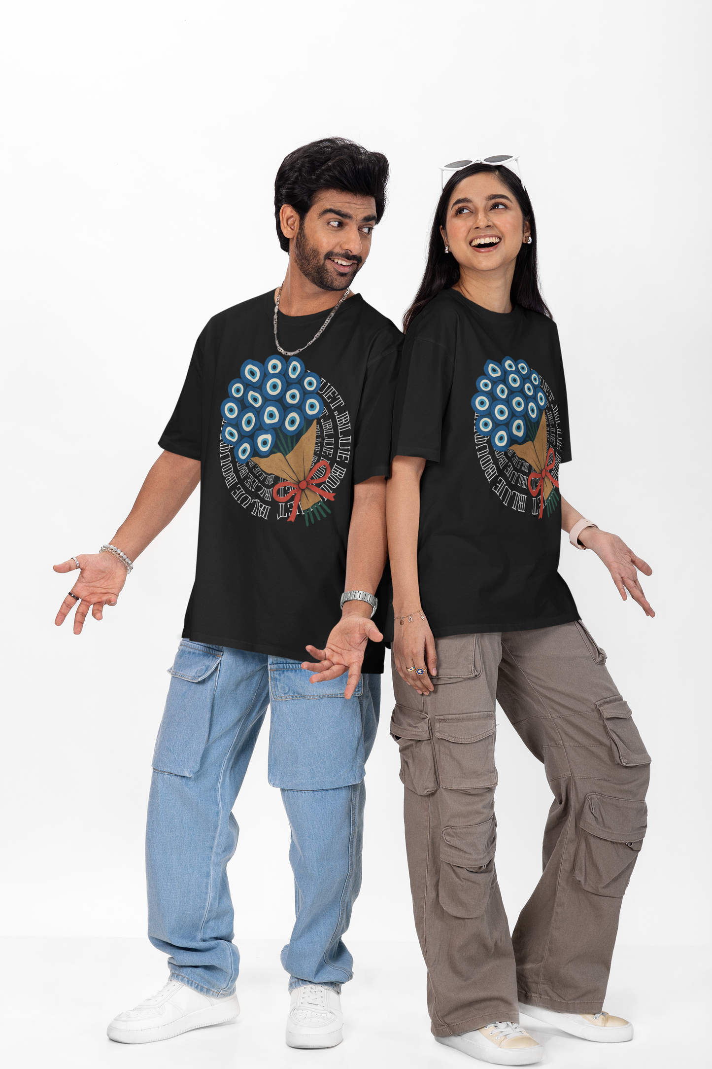blue Bouquet – devil eye –  Round Neck Drop Shoulder Graphic Printed Oversized Cotton T-shirt
