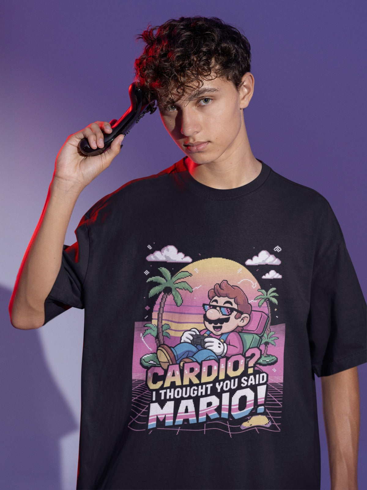 MARIO RETRO Round Neck Drop Shoulder Graphic Printed Oversized Cotton T-shirt