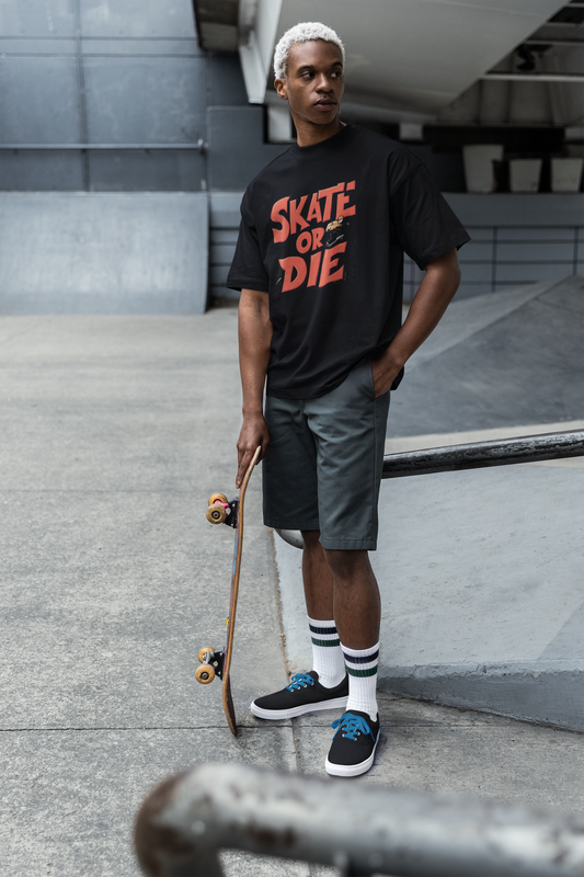 skate or die Tee –  Round Neck Drop Shoulder Graphic Printed Oversized Cotton T-shirt